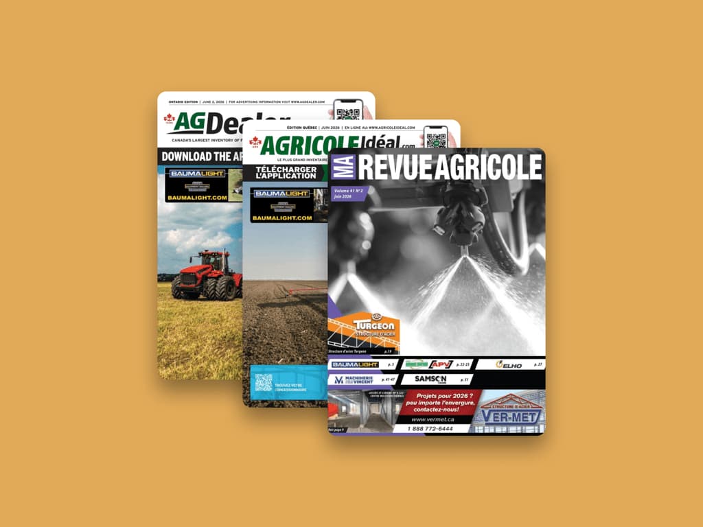Collage of AGDealer digital magazine covers and mobile app preview with QR code on an orange background.